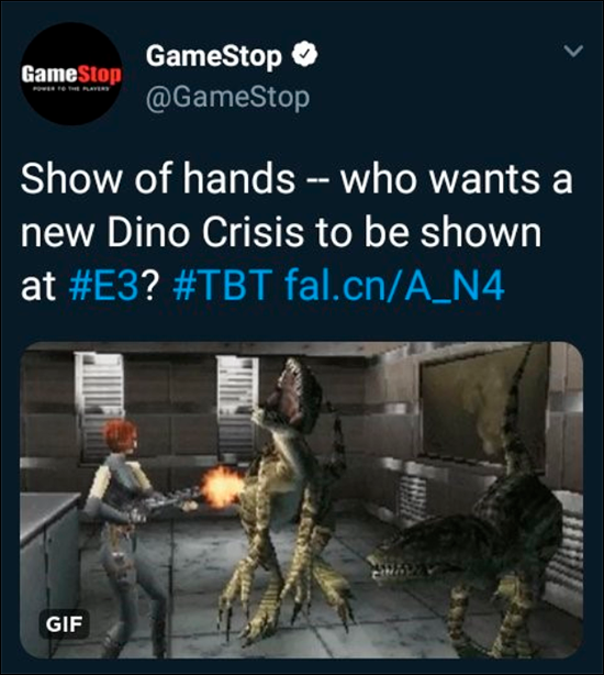 "Quem quer que seja mostrado um novo Dino Crisis na E3?", pergunta a Game Stop