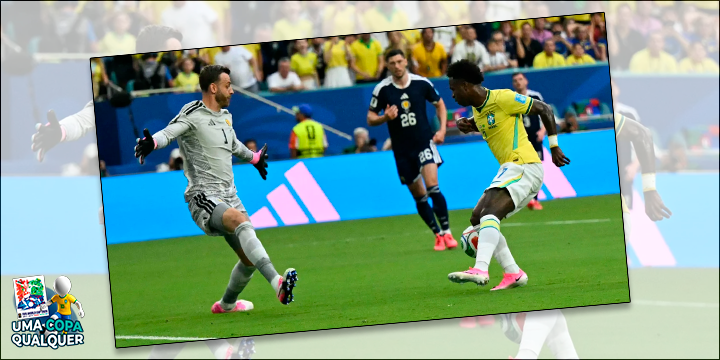 Vini Jr. ao marcar o primeiro gol do Brasil - Foto: CHANDAN KHANNA/AFP
